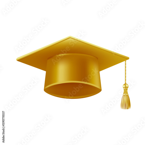 Realistic gold graduate cap. 3D Graduation Doctoral hat.