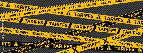 Tariff Warning Tape Set in Black and Yellow with Transparent Background. Caution Ribbons with Text Tariffs and Danger Signs. Fencing tape. Vector Illustration