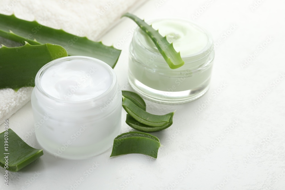 Moisturizing cream with extract of aloe vera, cut leaves and towel on white textured background, closeup