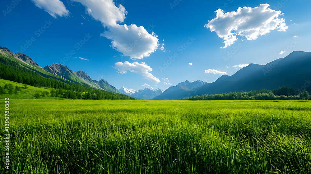 Fototapeta premium Vibrant Green Meadow Under a Bright Blue Sky With White Clouds and Mountain Backdrop