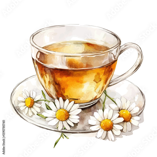A watercolor painting of Chamomile Tea, isolated on a white background. Chamomile Tea vector

