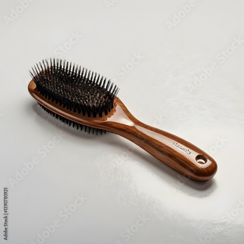 Hairbrush with visible hair strands, pure white background, highly detailed, commercial shot