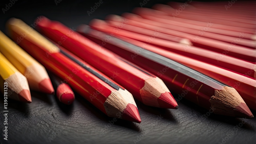 Obraz premium A close-up of several red and black pencils arranged in a diagonal line