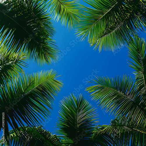 Vibrant Green Palm Fronds Framing Clear Blue Sky Tropical Scenery Sunny Day Nature Background