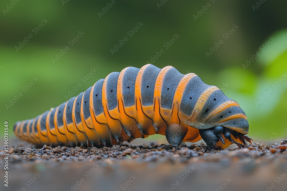 Colorful caterpillar crawling on forest floor