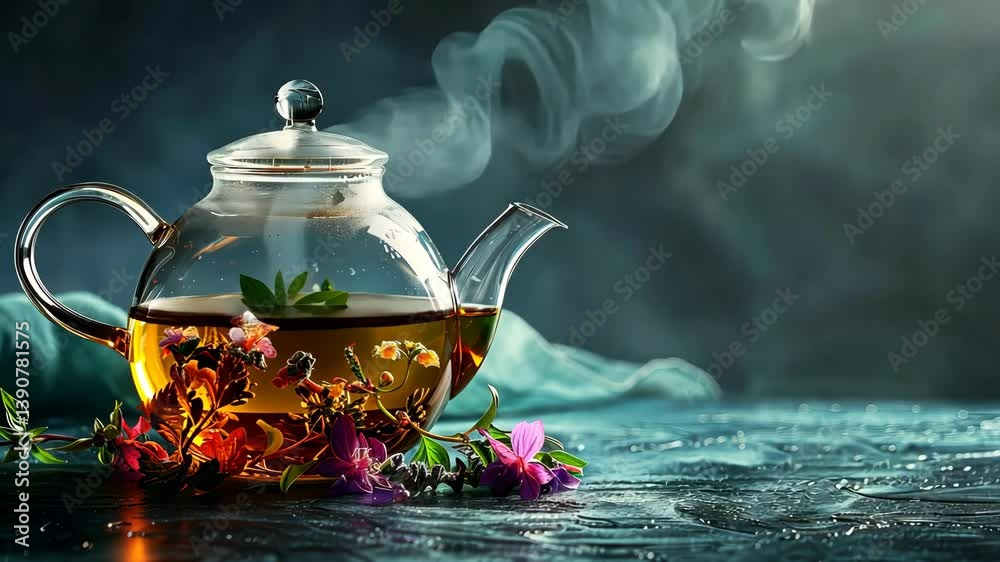 Herbal tea in glass teapot on dark background with space for text high quality image