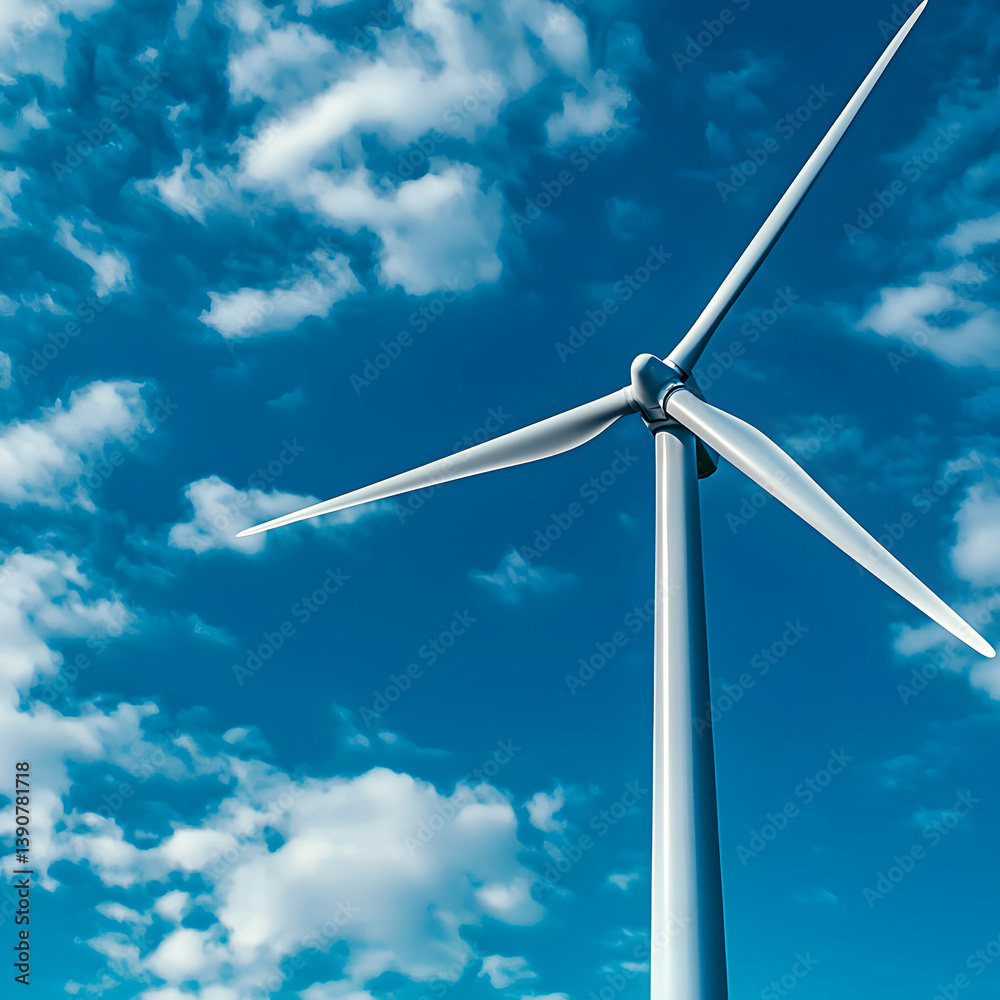 Wind Turbine Generating Power Against A Bright Blue Sky With White Clouds Wind Turbine Generating Power Against A Bright Blue Sky With White Clouds