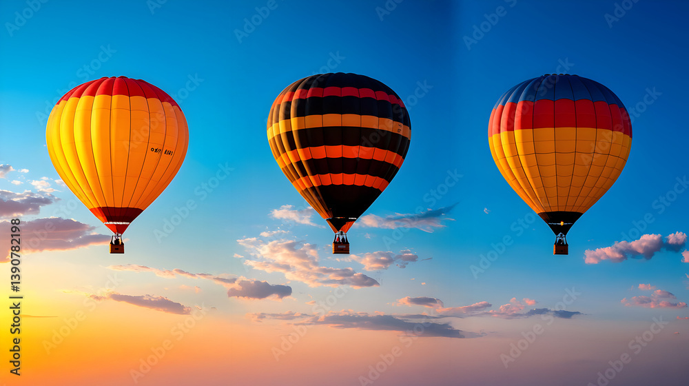 Fototapeta premium Three Colorful Hot Air Balloons Floating In A Blue Sky At Sunset Over A Landscape