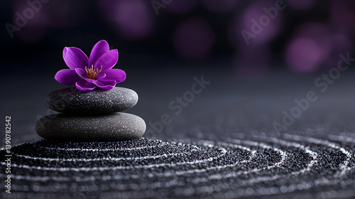 Zen Garden with Stacked Stones and a Purple Flower on Black Sand Revealing Serenity and Balance