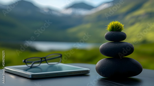 Zen Stones Balanced With Yellow Flower and Tablet and Glasses on a Table in Green Mountain Background