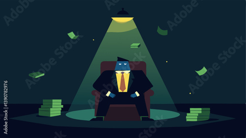 Night at the Hideout The boss illuminated by a single overhead light surrounded by tered money on the floor creating a dramatic and suspenseful ambiance.