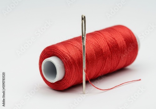 Close up of a spool of red thread with a needle standing in front of it on a white background