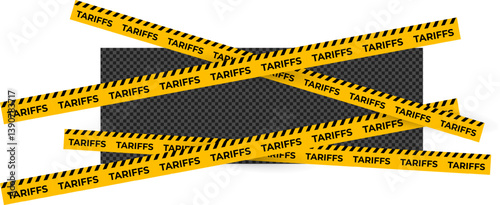 Tariff Warning Tape with Diagonal Yellow Stripes on Transparent Background. Economic Trade Restriction Concept for Crisis or Regulation Scenes. Vector Illustration
