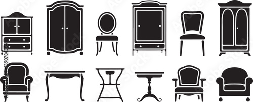 Furniture Silhouette Icon Set, Home Decor Vector