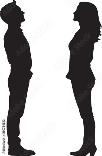 Vector silhouettes of a man and a woman, a couple of business people standing in profile, looking up, black color on a white background