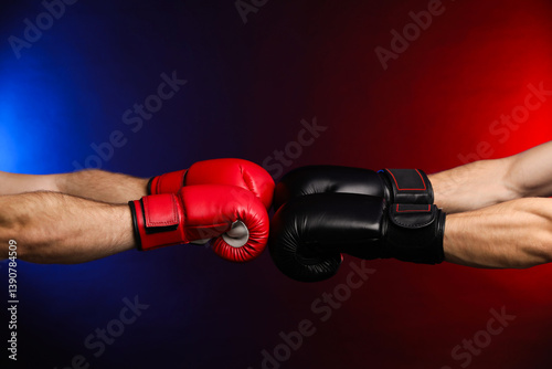 Men with boxing gloves fighting on dark background in neon lights, closeup