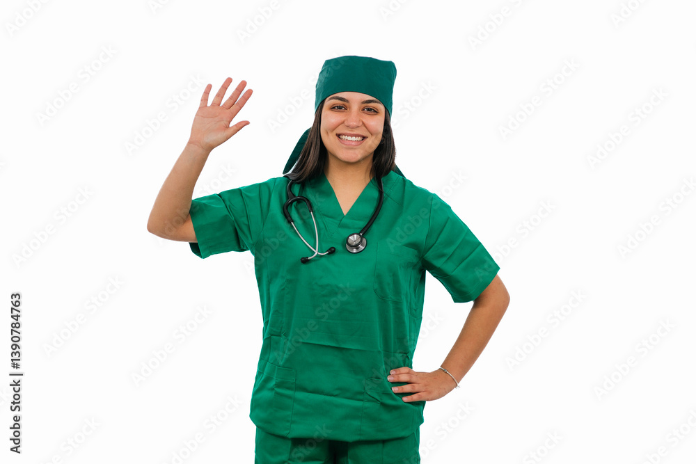Latin female surgeon waving and smiling on white background Latin female surgeon waving and smiling on white background