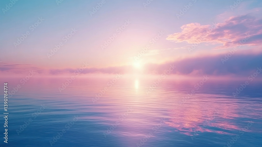 Fototapeta premium Serene sunrise over calm misty lake, pastel sky