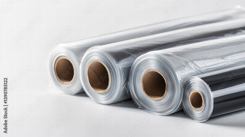 Fototapeta premium Plastic Wrap Rolls: Capturing the subtle nuances of light and shadow, this photo presents a collection of rolled plastic wraps against an immaculate background.