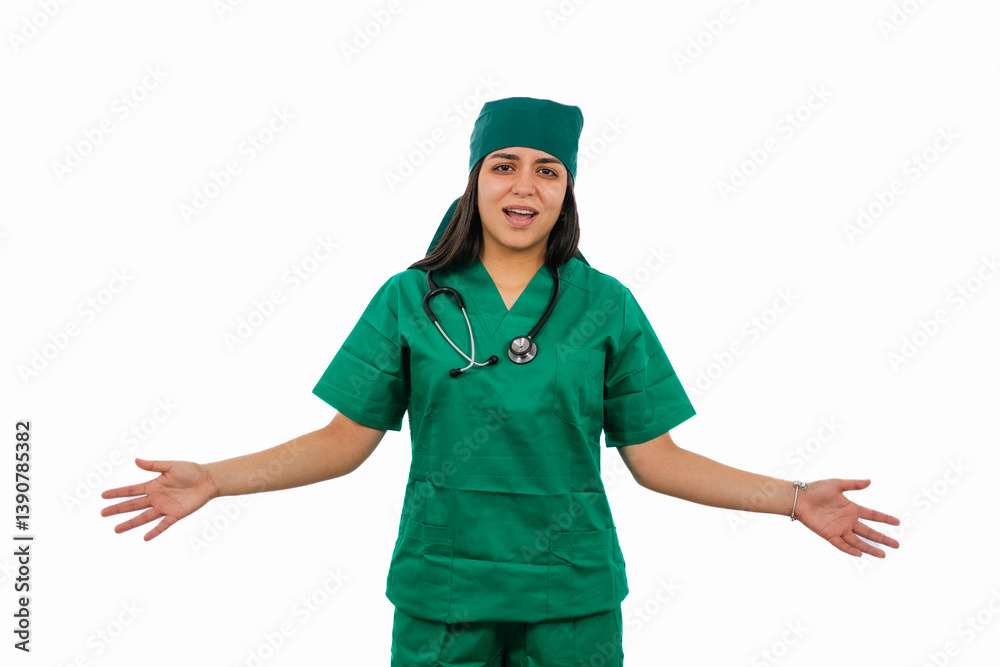 Latin female surgeon wearing green scrubs and stethoscope showing something with hands