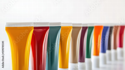 Colorful Paints: A visually appealing collection of vibrant paint tubes, arranged in a row, displaying a rich palette of hues and shades.