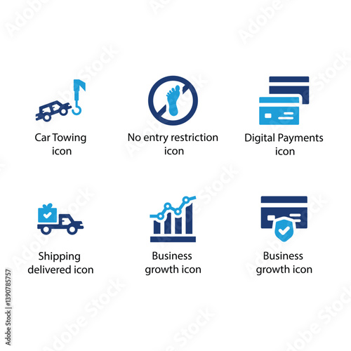 Car Towing, No entry, Digital Payments, Shipping delivered, Business growth, Blue Icon Set