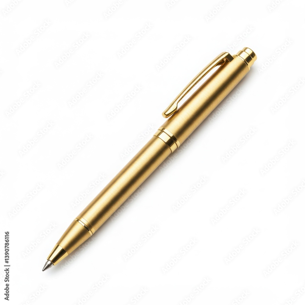 A close up studio shot of a gold colored pen with a clip on a white background in a centered position A close up studio shot of a gold colored pen with a clip on a white background in a centered position
