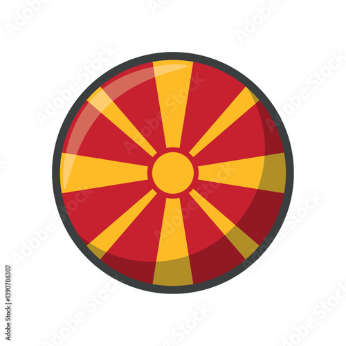 Glossy Round Vector Illustration of the National Flag of North Macedonia – Circular Emblem Featuring a Stylized Yellow Sun with Rays Extending Across a Red Background Representing the Balkan Country’s