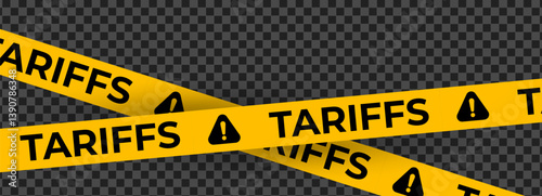 Tariff Alert Tape with Exclamation Icons on Transparent Background. Economic Trade Warning Ribbon for Customs, Import Restrictions, and Business Conflict. Vector Illustration