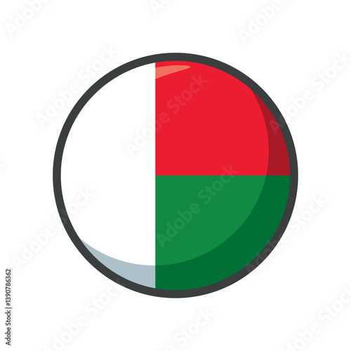 Glossy Circular Vector Icon of the National Flag of Madagascar – Round Emblem Featuring Vertical White Stripe and Horizontal Red and Green Stripes Representing the African Island Nation Free Download Glossy Circular Vector Icon of the National Flag of Madagascar – Round Emblem Featuring Vertical White Stripe and Horizontal Red and Green Stripes Representing the African Island Nation - GFXLoad