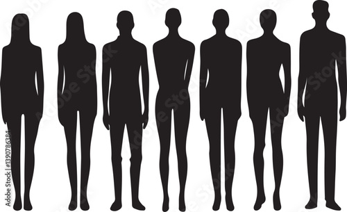 Vector silhouettes of men and a women, a group of standing business people, black color isolated on white background