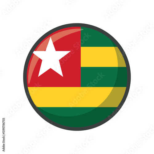 Vector Illustration of the National Flag of Togo in a Circular Icon Format Featuring Horizontal Green and Yellow Stripes with a White Star on a Red Square Representing Togolese National Identity and P