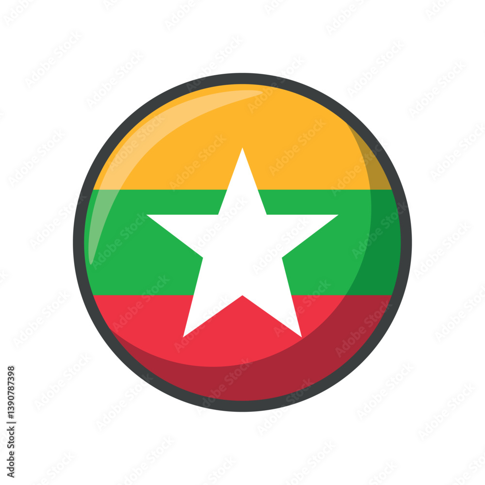 Vector Illustration of the National Flag of Myanmar in a Circular Icon Format Featuring Horizontal Yellow, Green, and Red Stripes with a Large Central White Star Vector Illustration of the National Flag of Myanmar in a Circular Icon Format Featuring Horizontal Yellow, Green, and Red Stripes with a Large Central White Star
