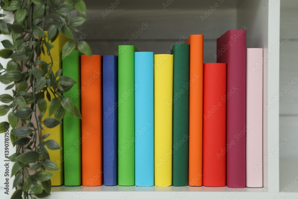 Fototapeta premium Colorful books on shelving unit indoors, closeup