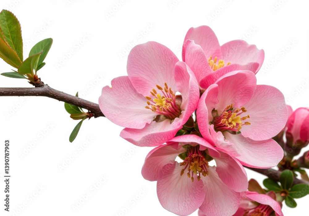 Naklejka premium Close up of flowering quince branch with pink blossoms and green leaves against white background