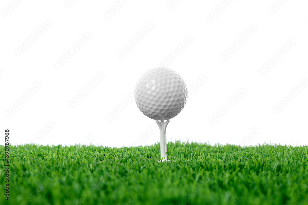 Golf ball, tee and green grass against white background Golf ball, tee and green grass against white background