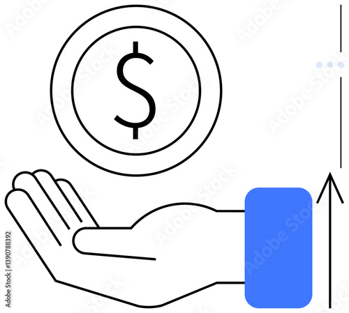 Open hand with floating dollar coin and upward arrow symbolizes income, growth, success. Ideal for finance, investment, business strategy, fundraising, profit, economic literacy flat simple metaphor