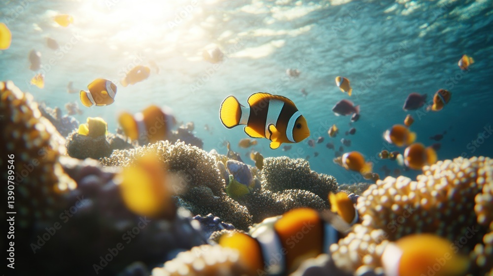 Fototapeta premium Clownfish swim amidst vibrant coral reef in sunlit ocean.