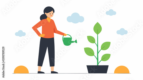 Building Wealth A woman standing proudly next to a growing plant that has coins as leaves symbolizing investment growth. She holds a watering can labeled regular savings.