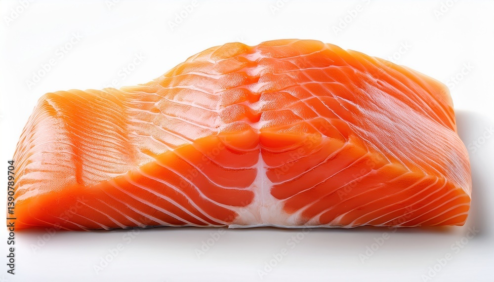 Fresh raw salmon fillet on white background displaying vivid orange hue Fresh raw salmon fillet on white background displaying vivid orange hue