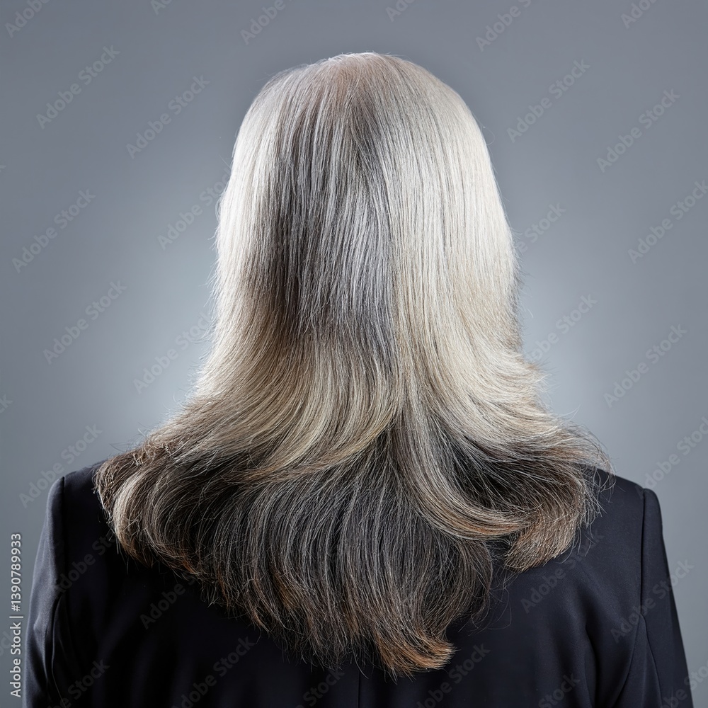 Naklejka premium Silver-haired mature woman from behind on gray background