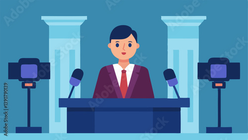 News Anchor Reporting A news anchor in a professional outfit standing in front of a bank of cameras delivering a live update about the highprofile trial to the audience.