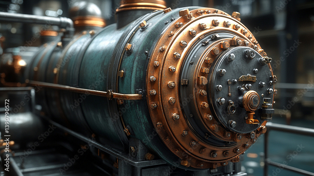 A copper boiler with industrial metal equipment, pressure valve, and pipe in a vintage steampunk setting, symbolizing heat control, steam engineering technology, and mechanical machinery.
A copper boiler with industrial metal equipment, pressure valve, and pipe in a vintage steampunk setting, symbolizing heat control, steam engineering technology, and mechanical machinery.