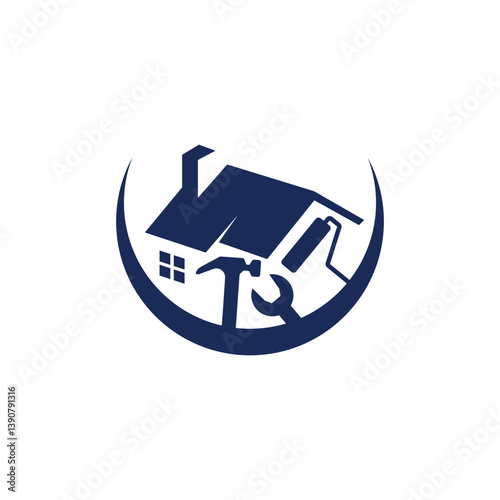 Logo design of a roof combined with work tools, symbolizing construction, home improvement, and craftsmanship with a professional and reliable appearance.


