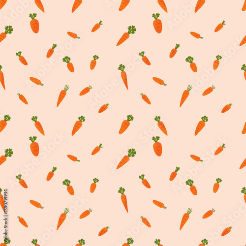 Seamless pattern with many cartoon carrots of different sizes scattered on a light peach background. a playful and fresh visual, for textiles and packaging. Health, nutrition, and organic produce.