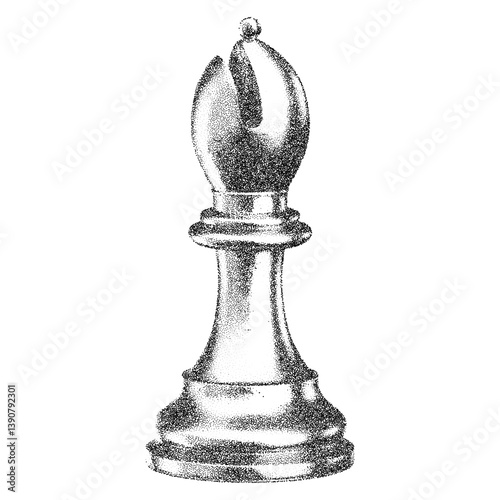 bishop chess piece with halftone stipple effect for grunge punk collage design. Vintage photocopy-style vector with grainy textures and noisy gradation dotwork, creating a bold, edgy aesthetic.