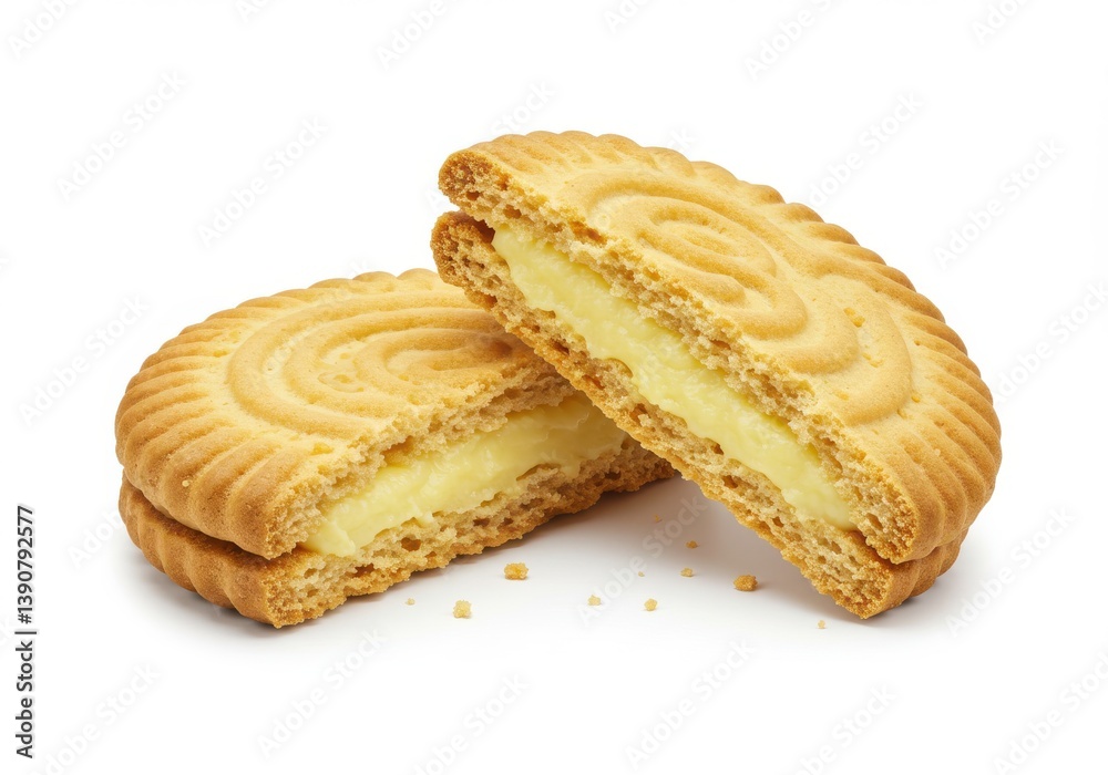 A cut sandwich cookie with cream filling on a white background in a close up studio shot view A cut sandwich cookie with cream filling on a white background in a close up studio shot view