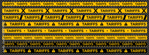  Tariff Warning Tape Set in Yellow and Black with Various Styles on Transparent Background. Perfect for Trade and Border Conflict Concepts. Vector Illustration