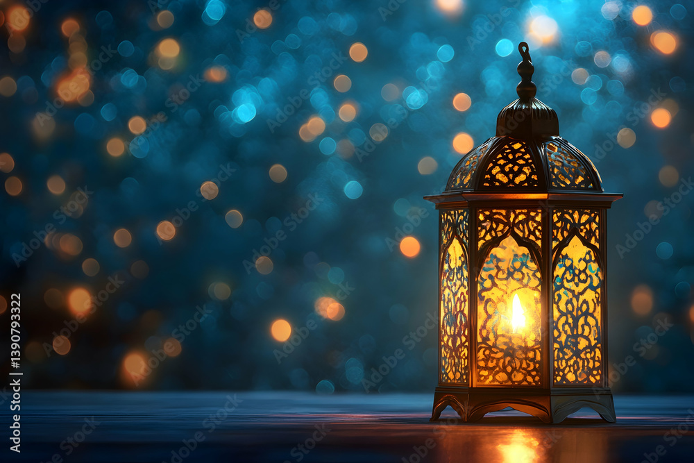 Ornate lantern glowing against bokeh background scene Ornate lantern glowing against bokeh background scene