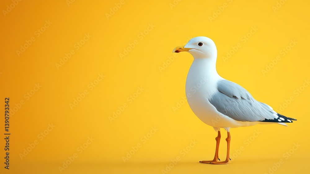 Fototapeta premium A stunning seagull on a vibrant yellow studio background, copy space